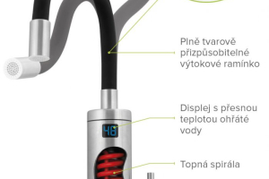 HAKL stojánková baterie s elektrickým ohřevem vody, flexibilní černé ramínko, příkon 3,3 kW, NEREZ 